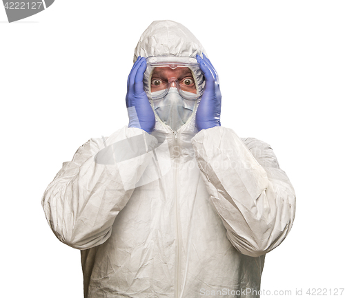 Image of Man Holding Head With Hands Wearing HAZMAT Protective Clothing I