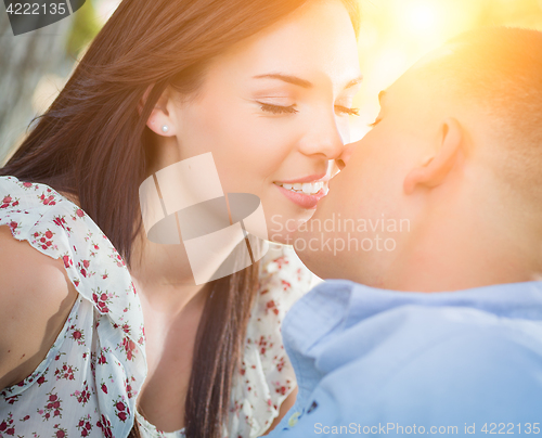 Image of Happy Mixed Race Romantic Couple Portrait in the Park.