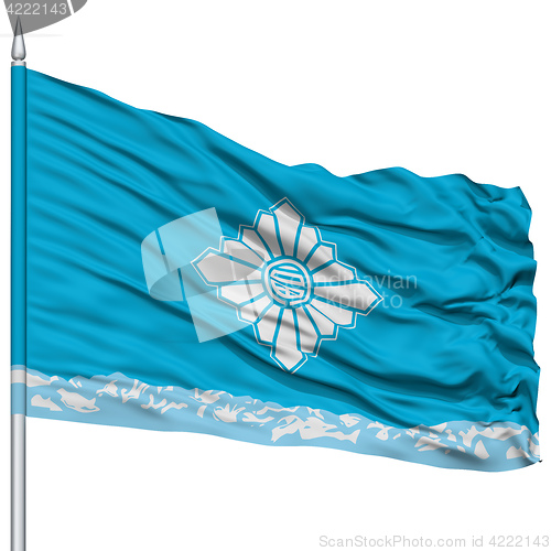 Image of Toyama Capital City Flag on Flagpole, Flying in the Wind, Isolated on White Background