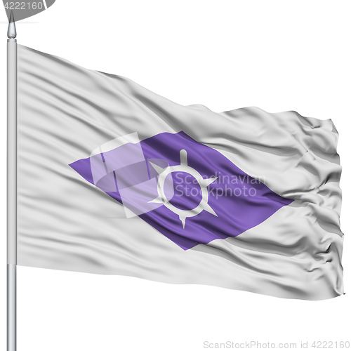 Image of Kofu Capital City Flag on Flagpole, Flying in the Wind, Isolated on White Background