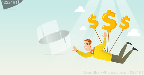 Image of Business man flying with dollar signs.