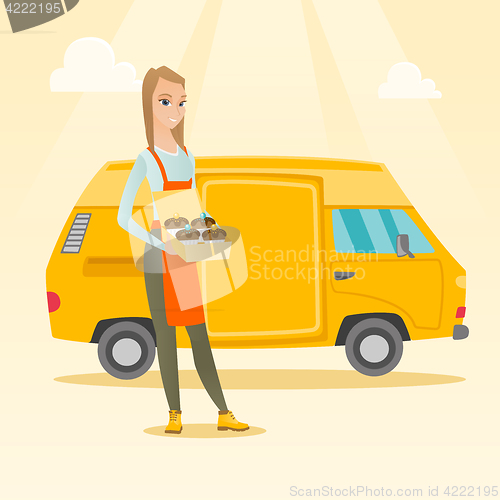 Image of Baker delivering cakes vector illustration.