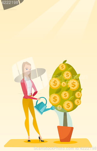 Image of Woman watering money tree vector illustration.