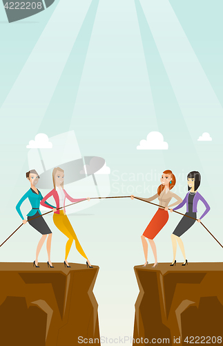 Image of Two groups of business people pulling rope.