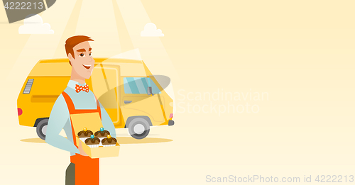 Image of Baker delivering cakes vector illustration.