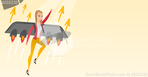 Image of Business woman flying on the rocket to success.