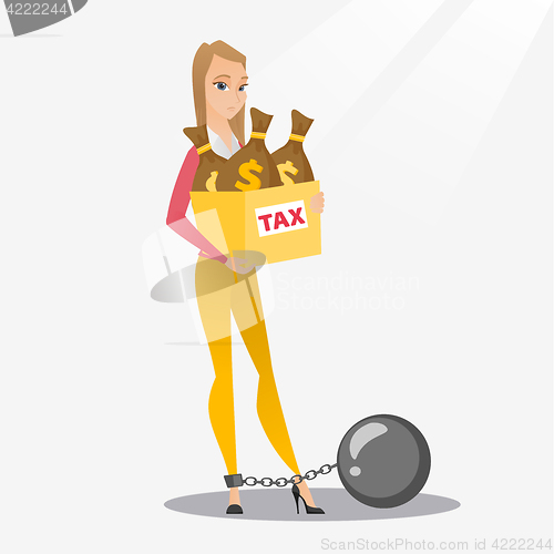 Image of Chained woman with bags full of taxes.