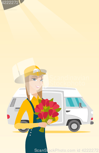 Image of Delivery courier holding bouquet of flowers.