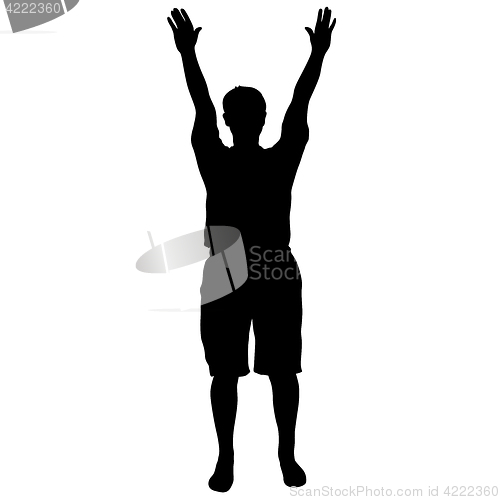 Image of Black silhouette man standing with hands raised, people on white background