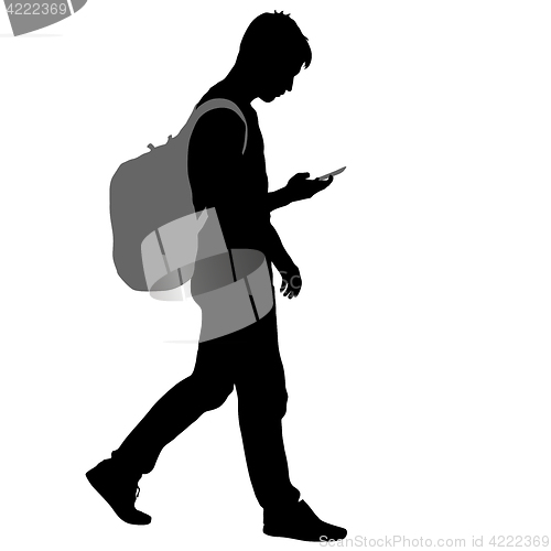 Image of Black silhouettes man with backpack on a back. illustration