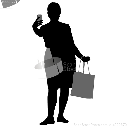 Image of Silhouettes woman taking selfie with smartphone on white background. illustration