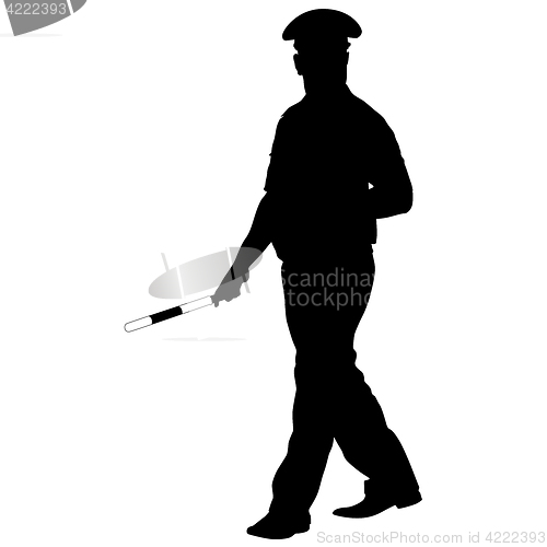 Image of Black silhouettes of Police officer with a rod on white background