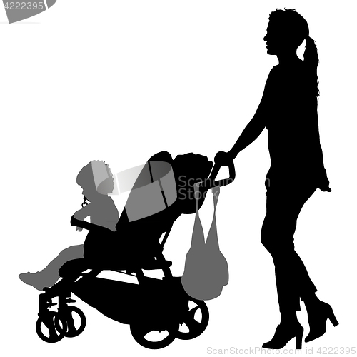 Image of Black silhouettes Family with pram on white background. illustration