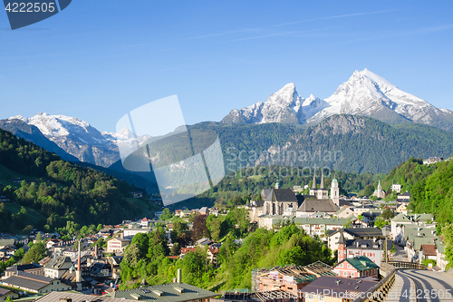 Image of Small township Berchtesgaden and snowy peaks of Watzmann mountai