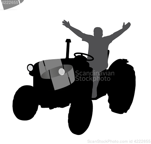 Image of Successful happy farmer on tractor with hands up