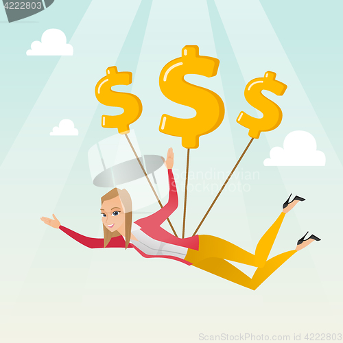 Image of Business woman flying with dollar signs.