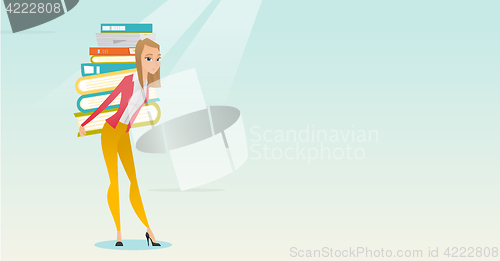 Image of Student with pile of books vector illustration.