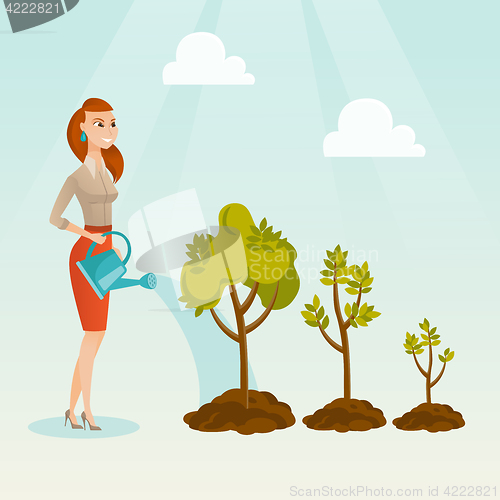 Image of Business woman watering trees vector illustration.