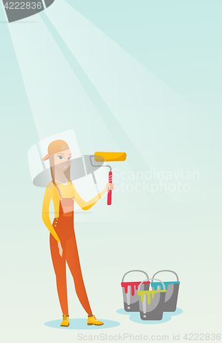 Image of Painter holding paint roller vector illustration.