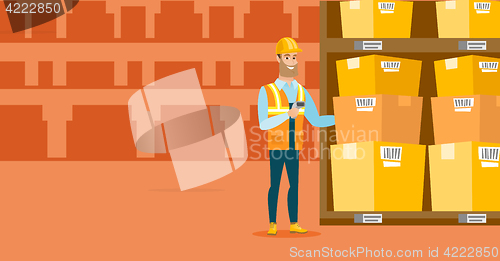 Image of Warehouse worker scanning barcode on box.