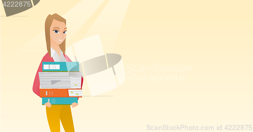 Image of Woman holding pile of books vector illustration.