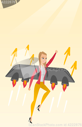 Image of Business woman flying on the rocket to success.