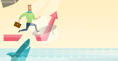 Image of Business woman jumping over ocean with shark.