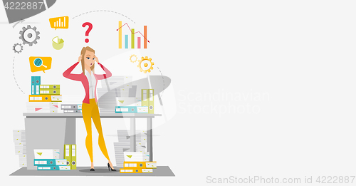 Image of Business woman overloaded with paperwork.