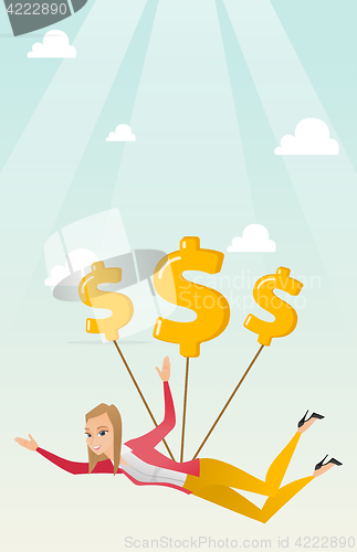 Image of Business woman flying with dollar signs.