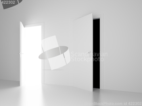 Image of white and black open doors of future