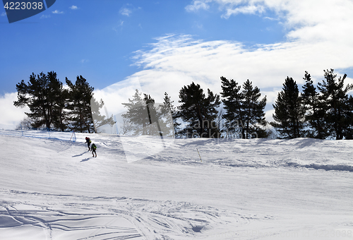 Image of Two hikers on snow slope in sun winter day