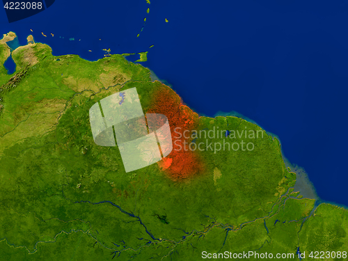 Image of Guyana from space in red