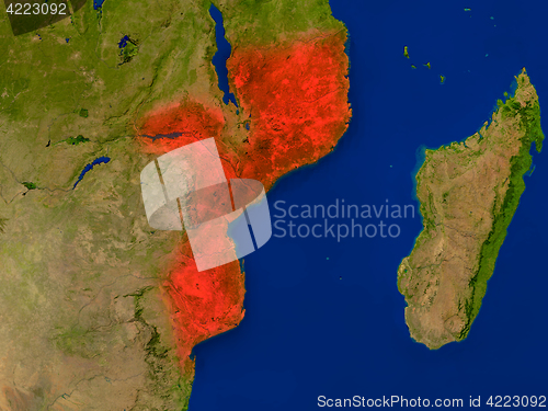 Image of Mozambique from space in red