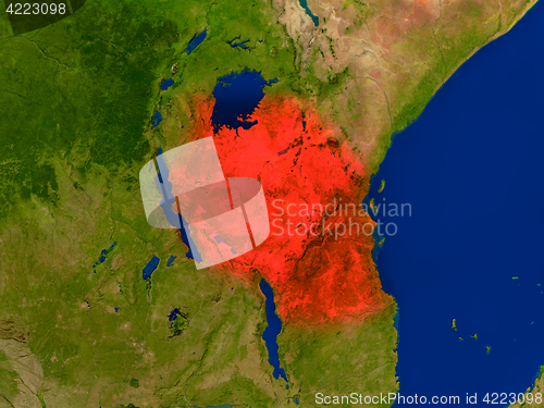Image of Tanzania from space in red