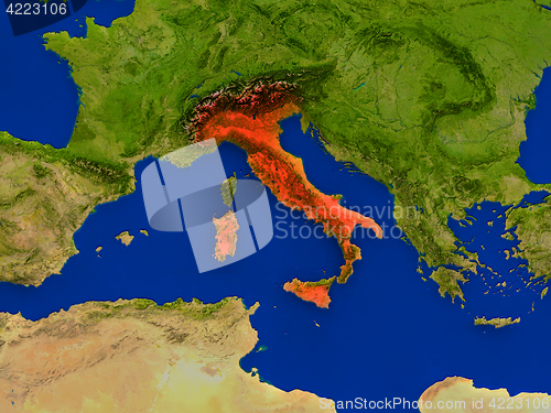 Image of Italy from space in red