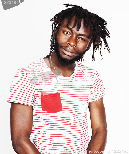 Image of young handsome afro american boy in stylish hipster hat gesturing emotional isolated on white background smiling, lifestyle people concept 