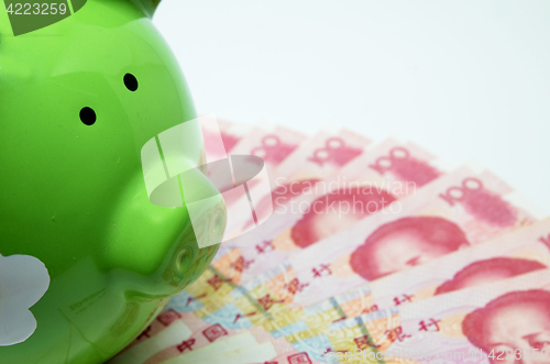 Image of Green piggy bank with China currency