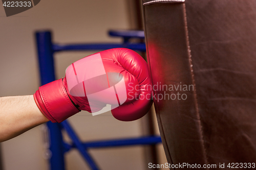 Image of Close-up hand of boxer at the moment of impact on punching bag