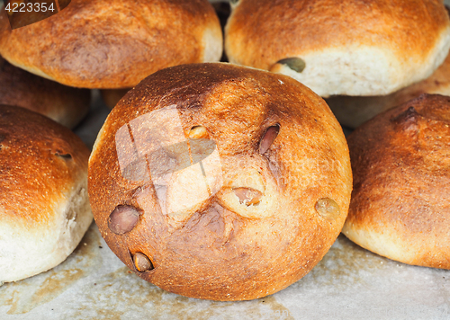 Image of Pumkin seed buns on baking paper sfter baking at close-up