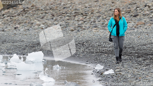 Image of Woman walking over the beach at Jokulsarlon glacier lagoon - Ice