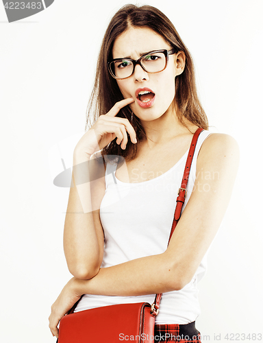 Image of young pretty teenage hipster girl posing emotional happy smiling on white background, lifestyle people concept 