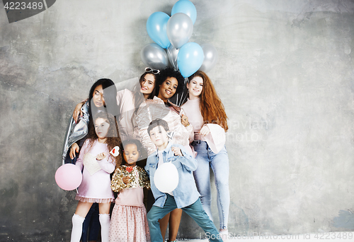 Image of Lifestyle and people concept: young pretty diversity nations woman with different age children celebrating on birth day party together happy smiling, making selfie. African-american, asian and caucasi