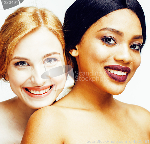 Image of different nation woman: african-american, caucasian together isolated on white background happy smiling, diverse type on skin, lifestyle people concept