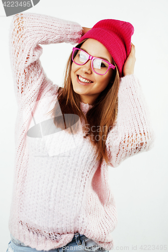 Image of young pretty teenage hipster girl posing emotional happy smiling on white background, lifestyle people concept 