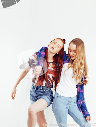 Image of best friends teenage girls together having fun, posing emotional on white background, besties happy smiling, lifestyle people concept 