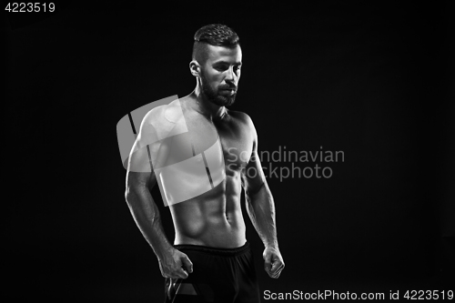 Image of The torso of attractive male body builder on black background.