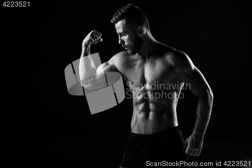 Image of The torso of attractive male body builder on black background.