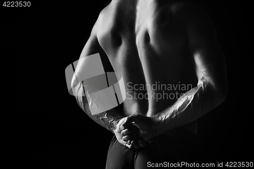 Image of The back view torso of attractive male body builder on black background.
