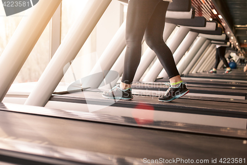 Image of Woman running in a gym on a treadmill concept for exercising, fitness and healthy lifestyle