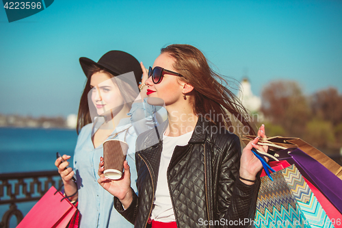 Image of Two girls walking with shopping on city streets